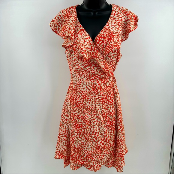 Free People French Quarter Animal Print Ruffle Wrap Boho Mini Dress Orange Tan M - Picture 1 of 11